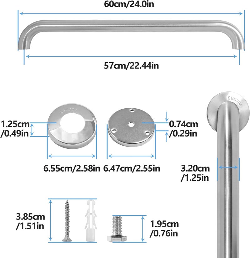 Rackickyer Shower Grab Bar, 2 Pack 24 Inch Brushed Nickel Bathroom Safety Bar, 1.25" Diameter 304 Stainless Steel Grab Bars for Bathtubs and Showers, Handicap Shower Grab Bar for Seniors Elderly - Image 2
